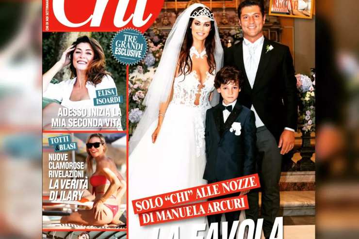 Manuela Arcuri in abito da sposa, scollatura e trasparenze